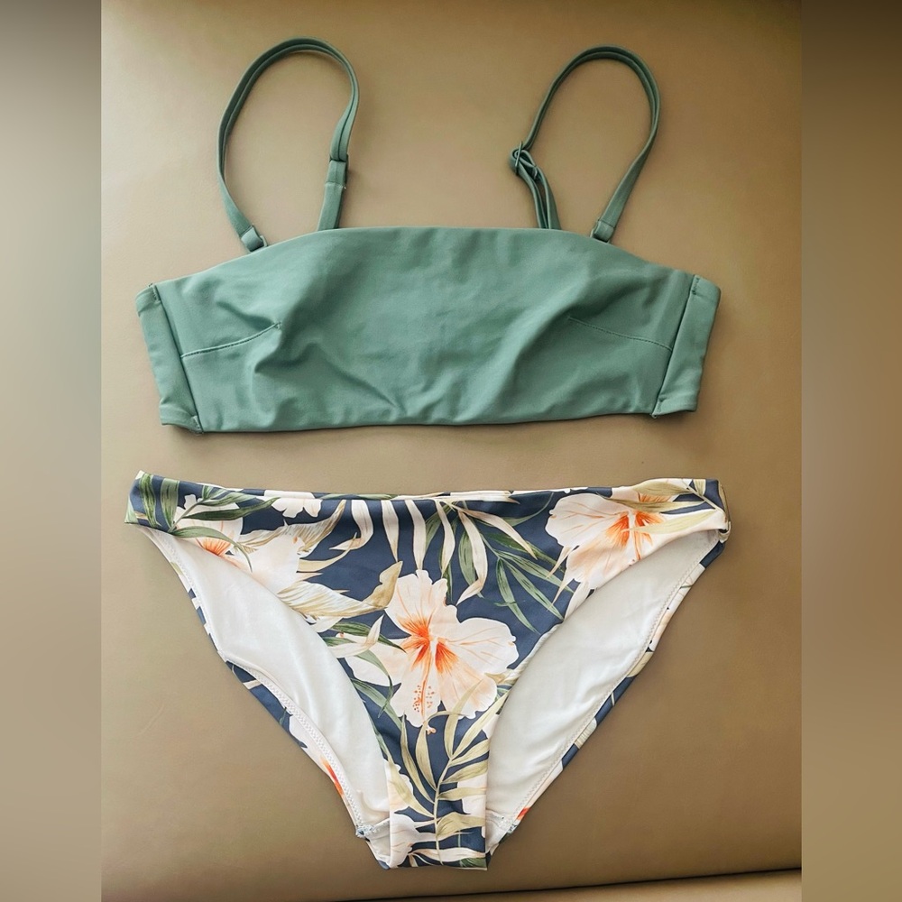Green Bandeau & Floral Bikini Set